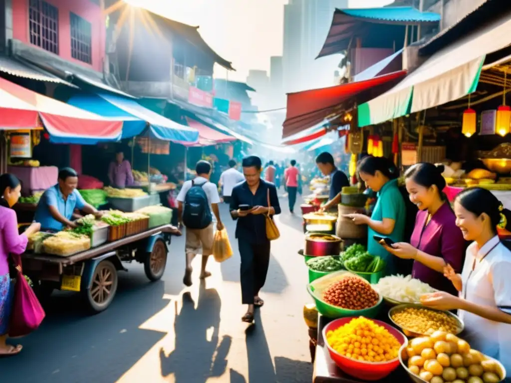 Escena vibrante de la vida urbana en Asia, con pagos móviles integrados en la cotidianidad