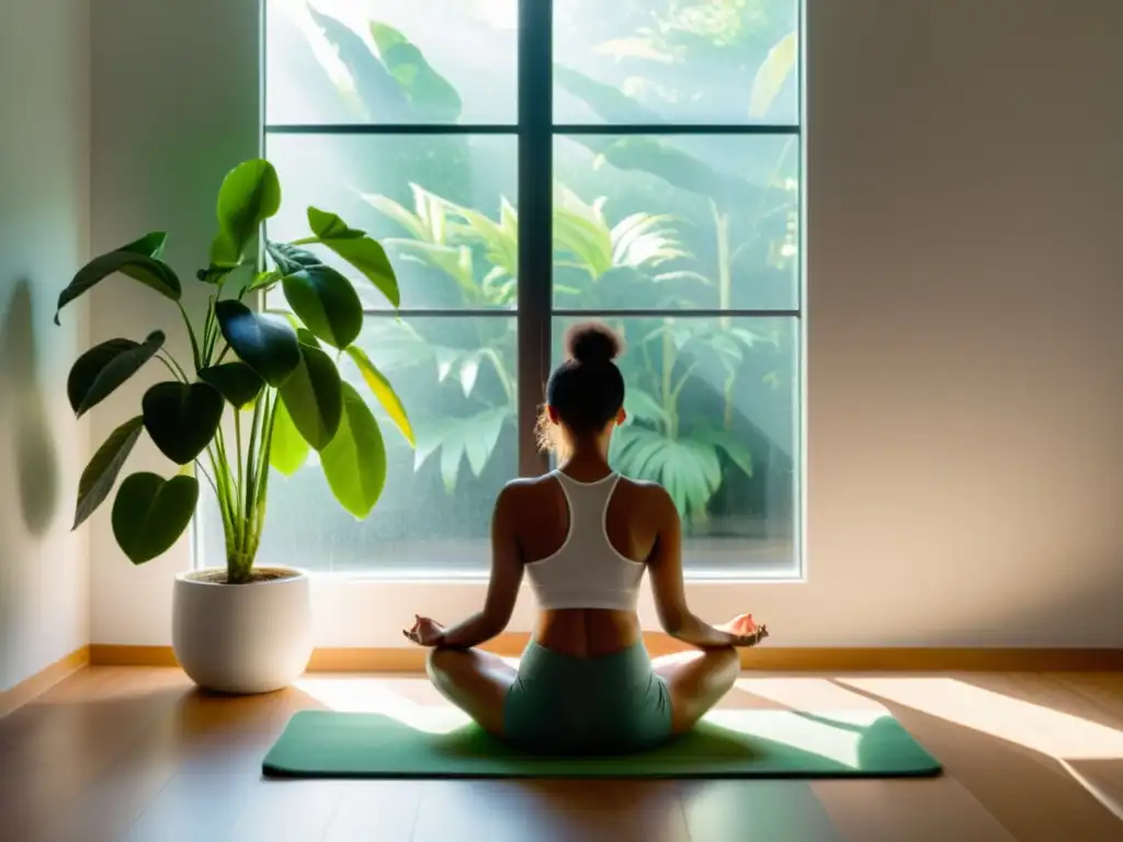 Una escena zen en un baño minimalista con luz natural, meditación y cuidado de la piel