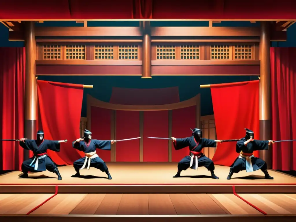 Un escenario teatral japonés tradicional con artistas vestidos como ninjas en acción, destacando la mitología del Ninjutsu japonés feudal