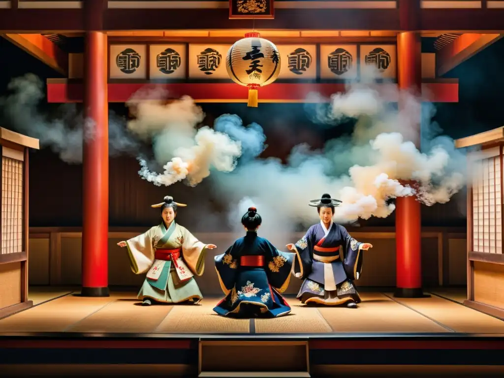 Escenario de teatro Noh japonés con aromas inspiradores, detallado y envolvente, capturando el arte japonés