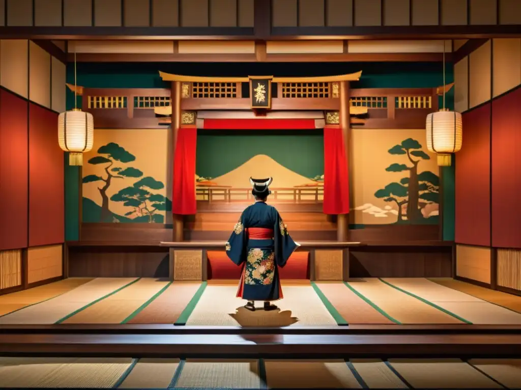 Escenario del teatro Noh japonés con intrincados tallados de madera y ricos tapices