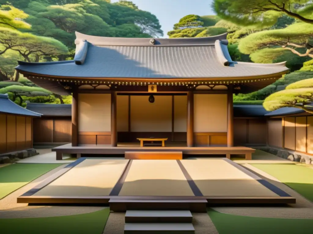 Un escenario de teatro Noh japonés rodeado de un exuberante jardín y una suave luz que resalta los detalles, con la influencia de la poesía Noh