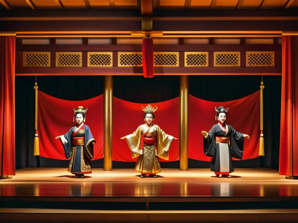 Un escenario tradicional de teatro Noh japonés con detalles tallados en madera, cortinas rojas y doradas