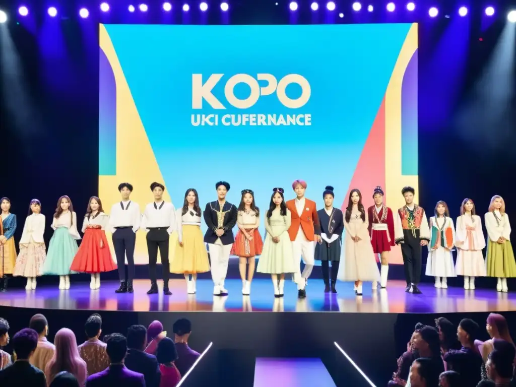 Un escenario vibrante con artistas KPop de diversas culturas y fanáticos entusiastas