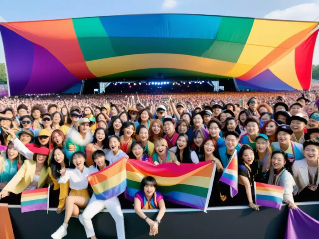 Escenario vibrante de concierto KPop con representación LGBTQ+ en atuendos coloridos y público con banderas arcoíris