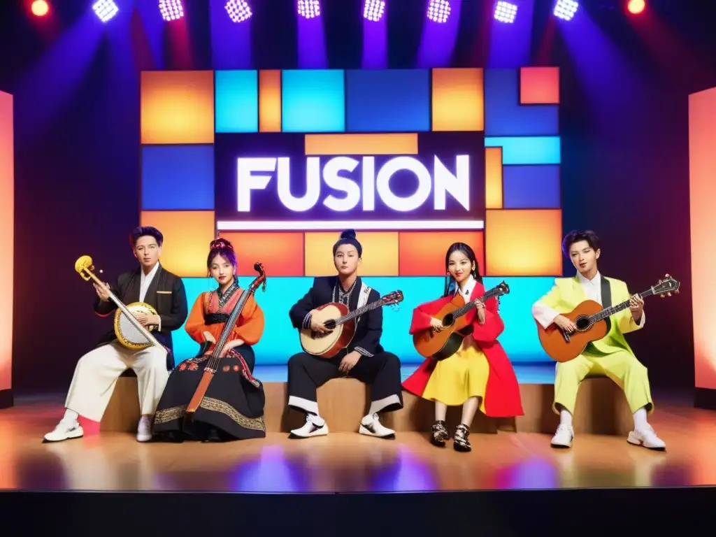 Un escenario vibrante donde músicos de diferentes culturas fusionan tradición y modernidad, reflejando la influencia global de la estética del KPop