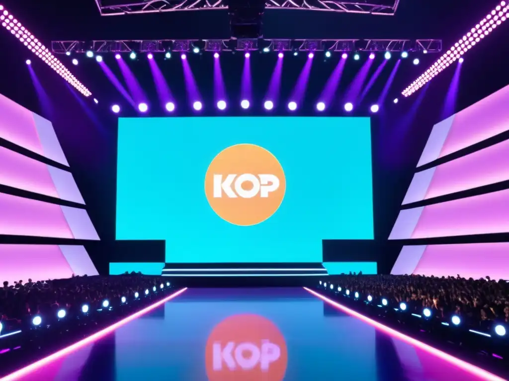 Escenario virtual de conciertos de KPop, con diseño de iluminación y pantalla LED vibrante, rodeado de avatares de fans en un entorno digital