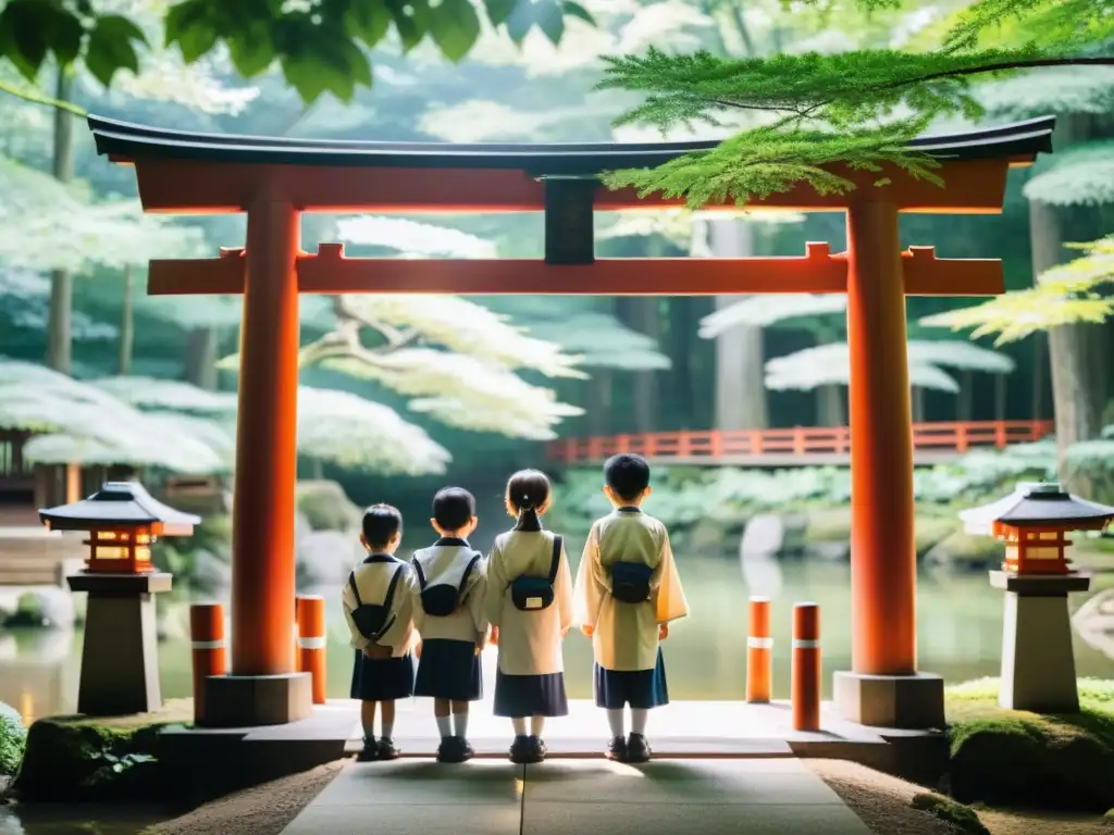 Escolares japoneses en ritual de purificación bajo un torii en un bosque, demostrando las influencias del Shinto en Pedagogía Japonesa