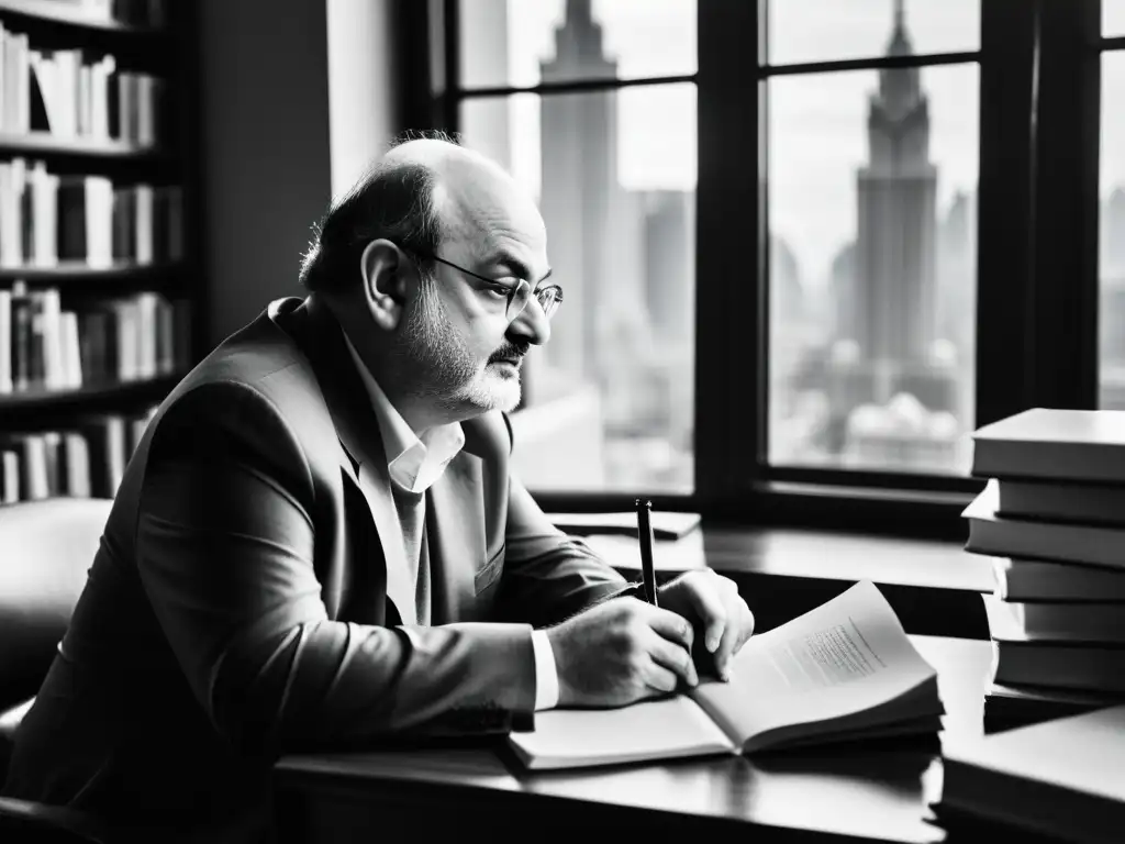 El escritor Salman Rushdie reflexiona en su escritorio, rodeado de libros y papeles, con la ciudad ajetreada de fondo