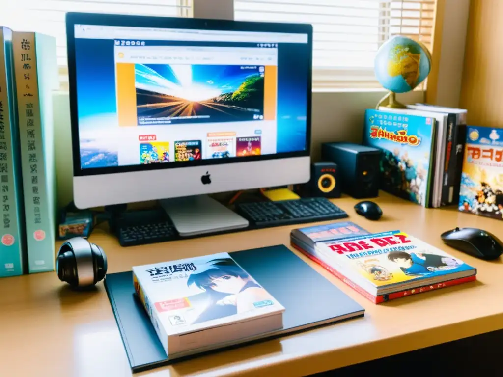 Un escritorio desordenado con una computadora, DVD y libros de anime, bañado en cálida luz natural