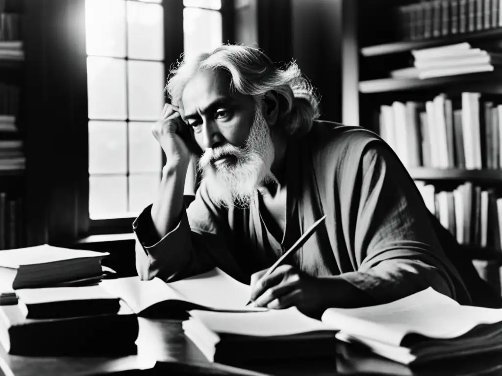 Rabindranath Tagore reflexiona en su escritorio, rodeado de libros y papeles, en una atmósfera de profunda contemplación