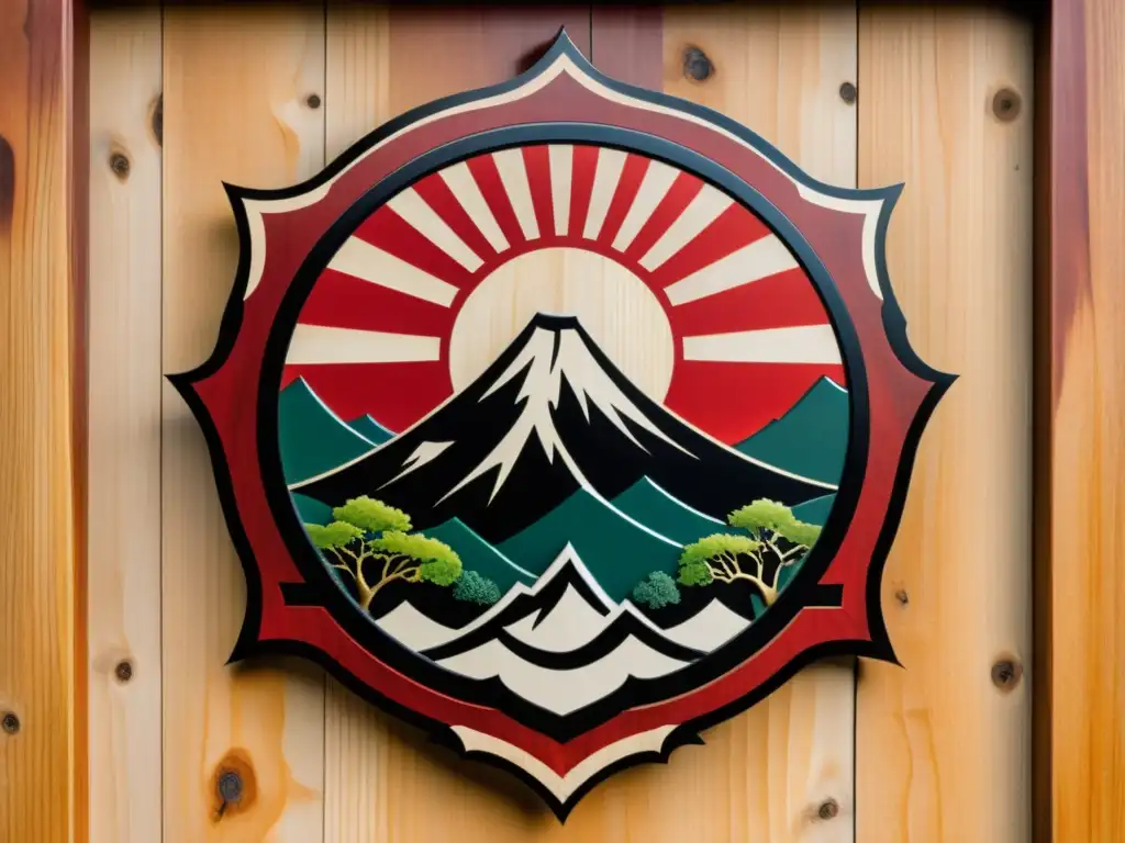 Escudo de clan japonés con crestas en rojo y negro, en un paisaje de montaña