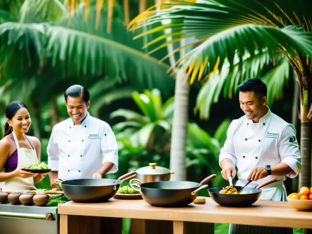 Escuela de cocina filipina en paraíso tropical con chefs preparando platos vibrantes y exóticos