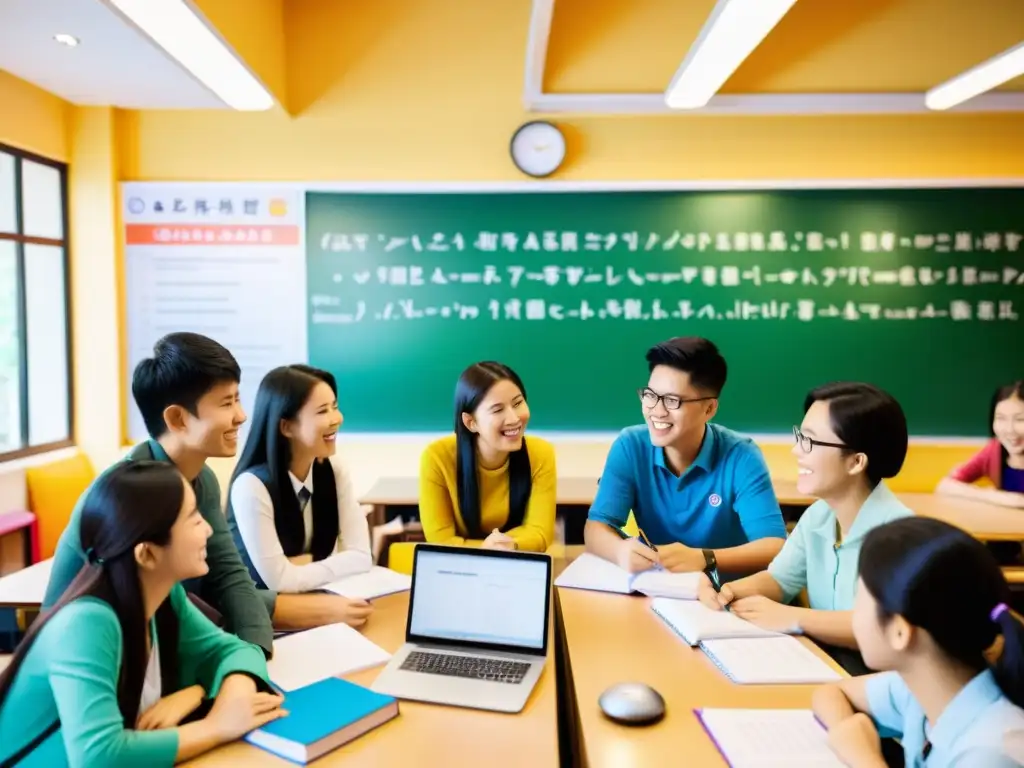 Escuela de idiomas vibrante en Asia, con estudiantes participando en actividades de aprendizaje