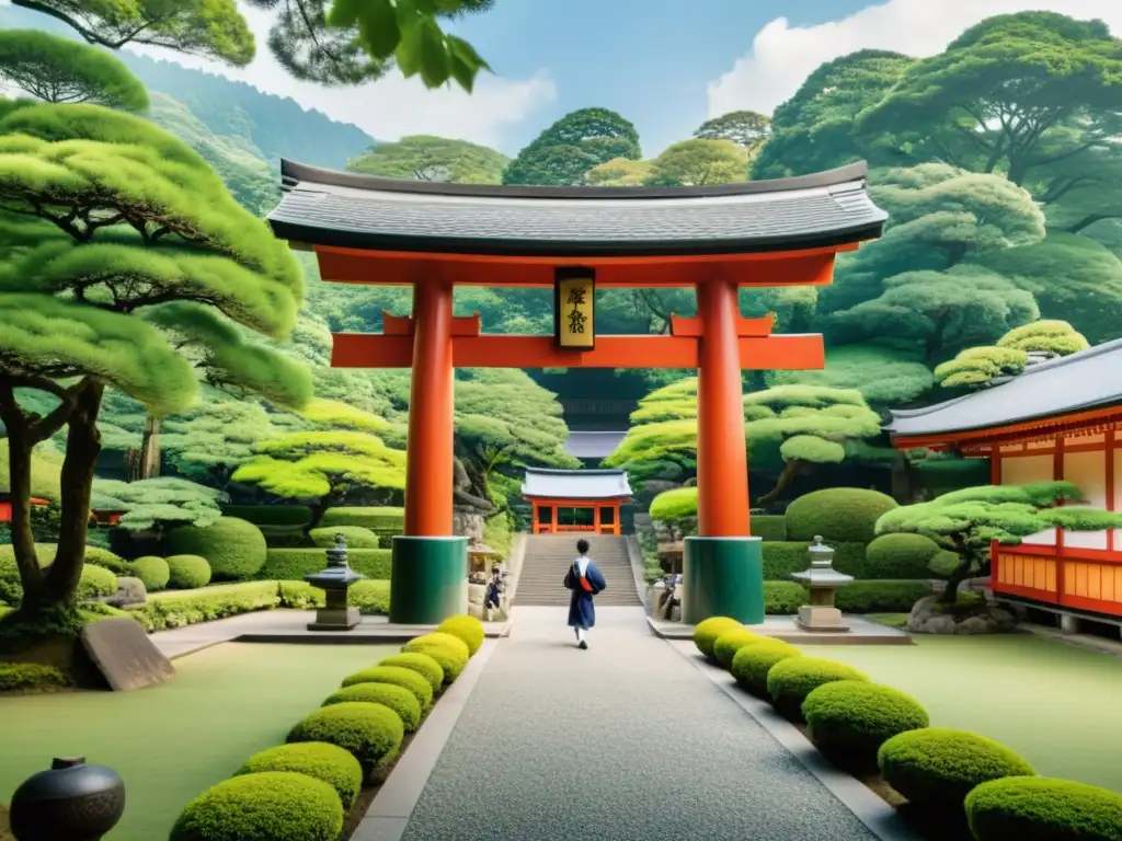 Una escuela japonesa tradicional con influencias del Shinto en Pedagogía Japonesa, rodeada de naturaleza serena y estudiantes activos