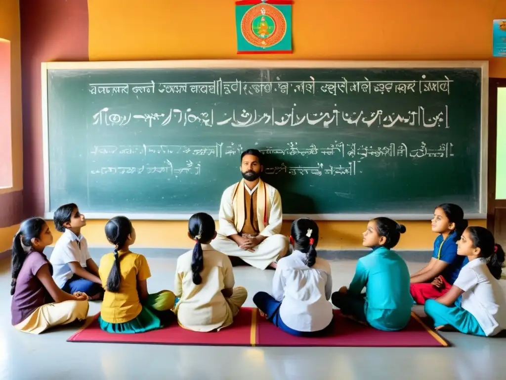 Una escuela tradicional india con estudiantes inmersos en la integración de espiritualidad y educación, en un ambiente armonioso y vibrante