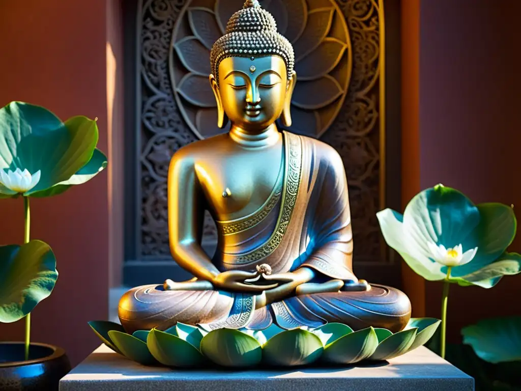 Escultura asiática de bronce del siglo VIII: Buda sentado en flor de loto, iluminado por luz cálida en un templo ornamentado