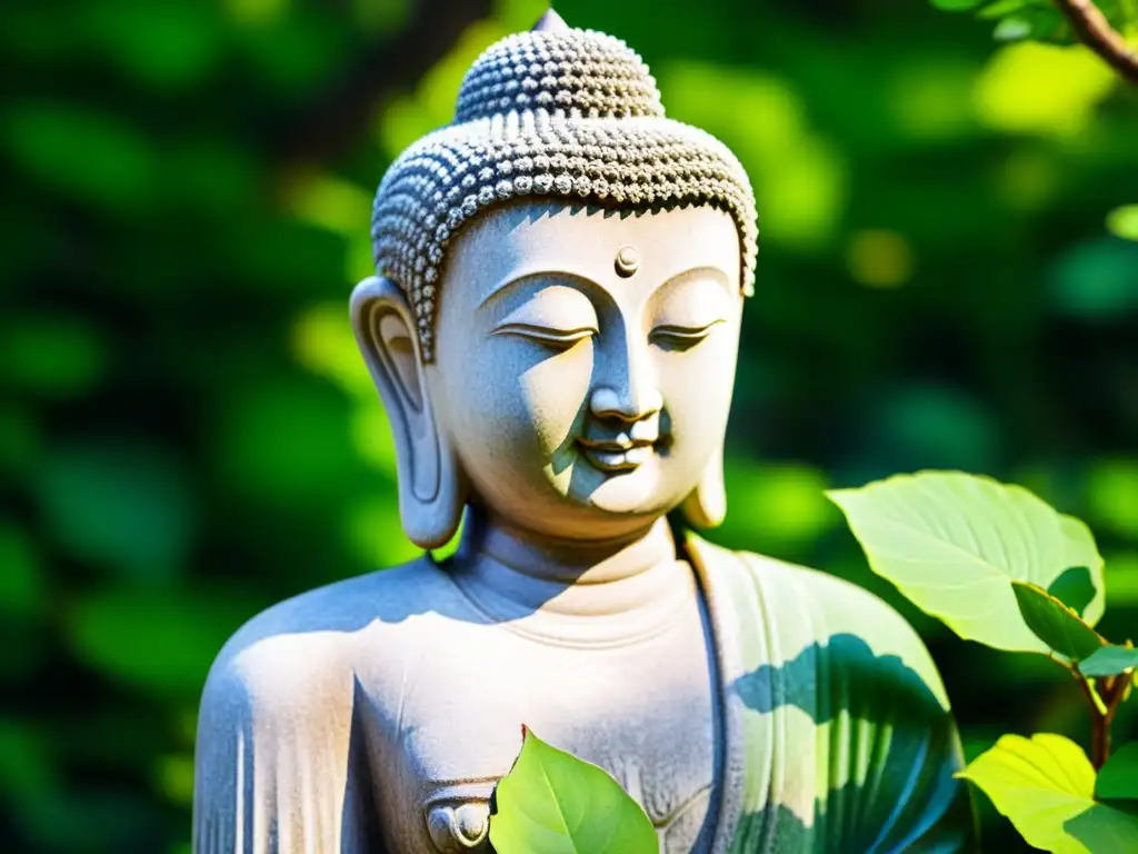 Una escultura asiática de Buda en piedra, rodeada de exuberante vegetación en un jardín sereno