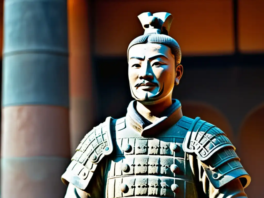 Escultura en la China Antigua: Detalle de guerrero de terracota Qin, con su armadura y arma, inmerso en la historia y arte chino