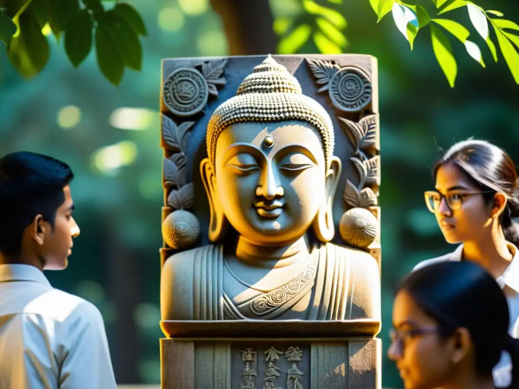 Escultura detallada de Gautama rodeado por estudiantes bajo la luz filtrada entre la densa vegetación