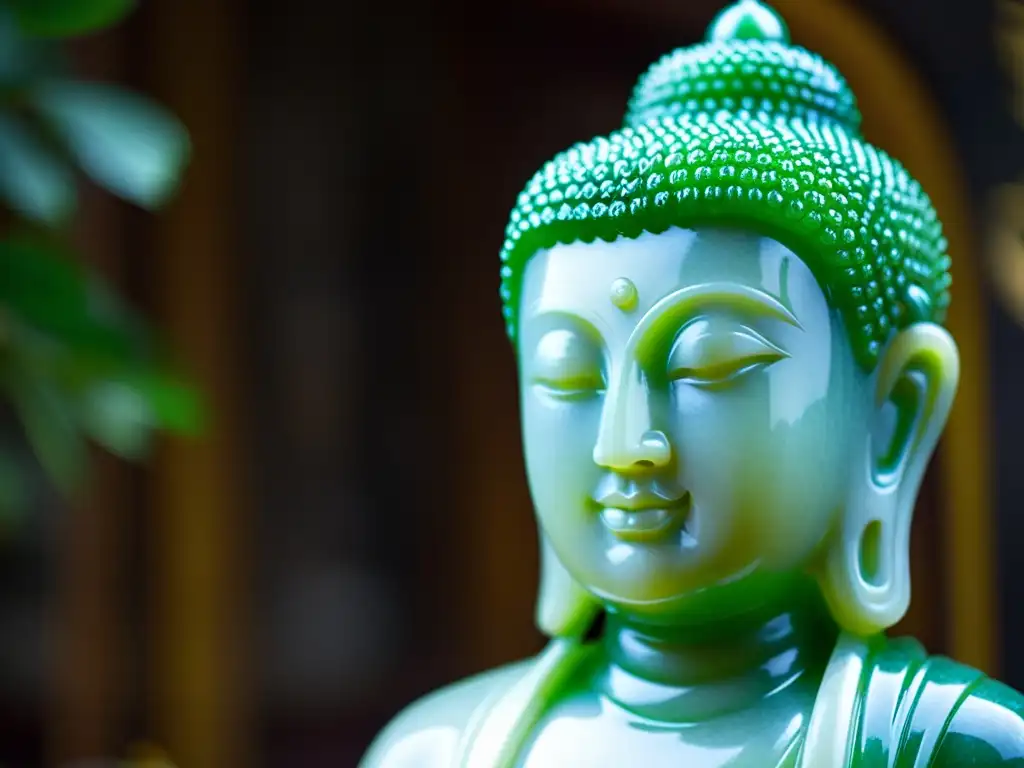 Una escultura de Buda en jade, con detalles intrincados y una expresión serena, bañada en luz suave