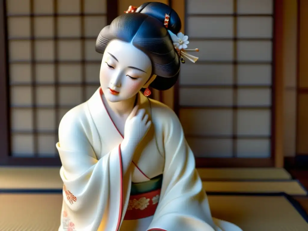 Escultura japonesa de mujer con kimono, tallada en marfil, muestra la gracia y serenidad de la mujer en el arte japonés