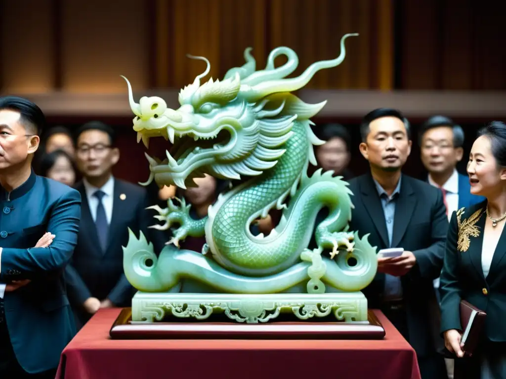 Escultura de jade del dragón mítico de la dinastía Ming en subasta de arte asiático en ambiente tenso y elegante