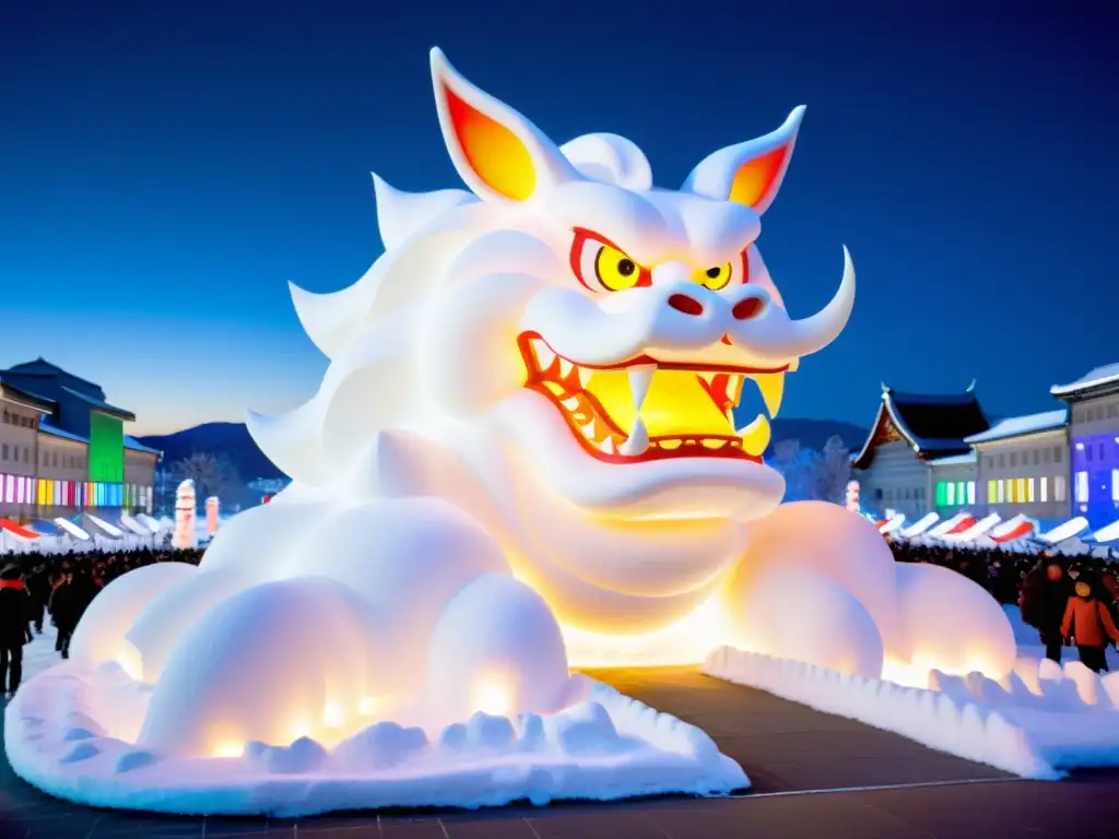 Escultura de nieve iluminada en el Festival de la Nieve Sapporo, capturando la magia y tradición japonesa en la noche