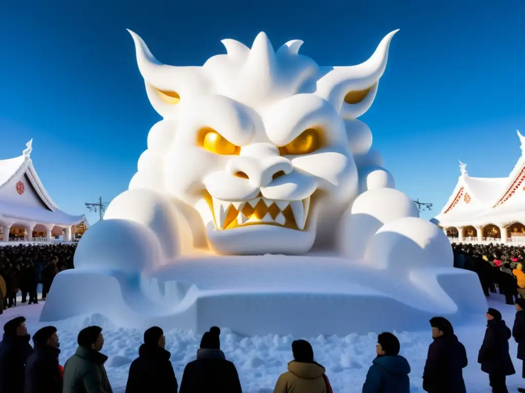 Escultura de nieve impresionante en el Festival de la Nieve Sapporo, retrato mágico de la mitología japonesa, rodeada de árboles nevados y cielo azul