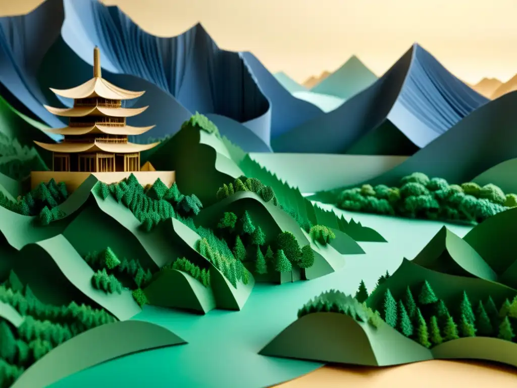 Escultura de papel contemporánea asiática explorada a fondo: paisaje detallado con montañas, ríos y arquitectura en papel plegado