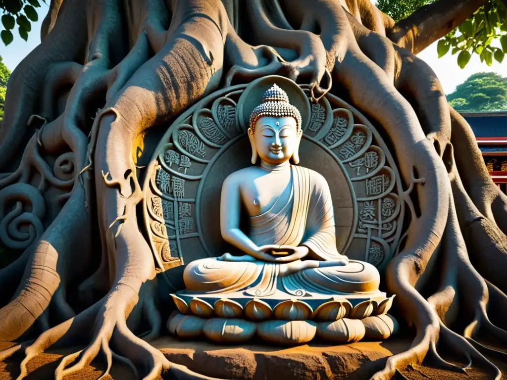 Escultura de piedra antigua de Buda meditando bajo el árbol Bodhi, evocando la función de las parábolas budistas