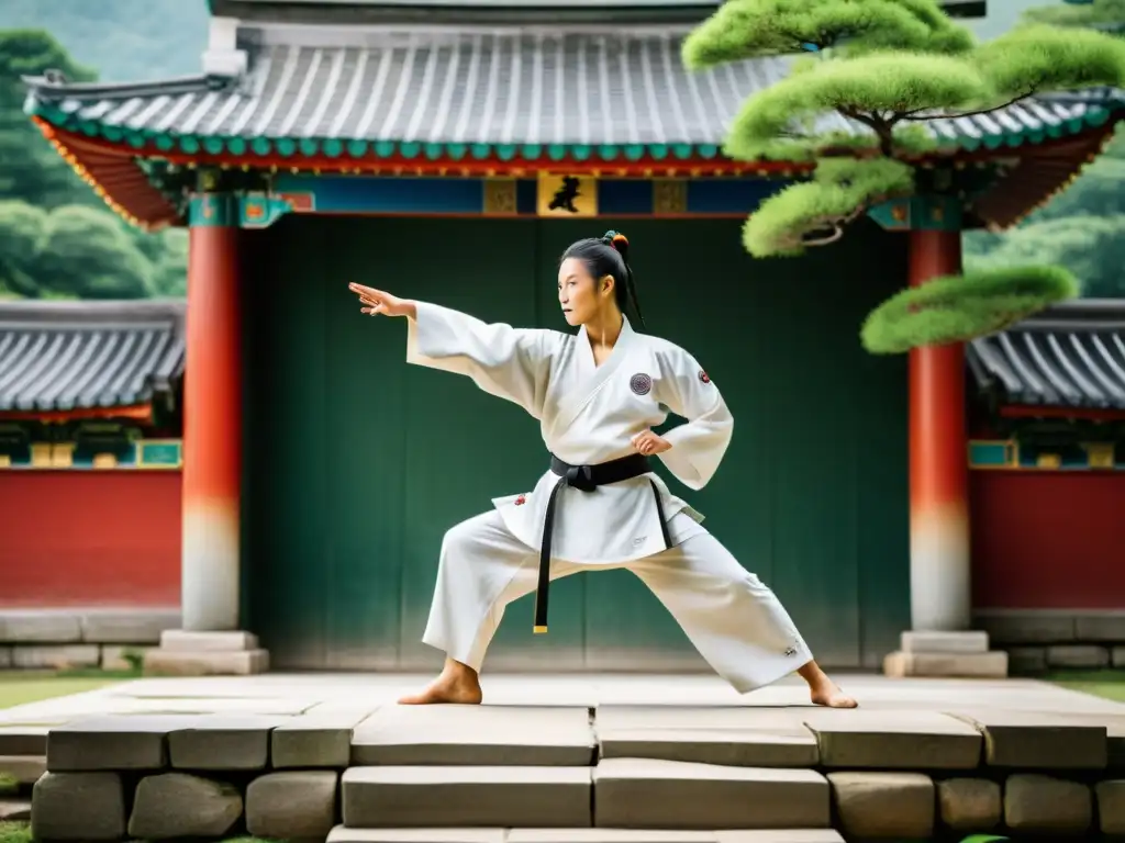 Escultura de piedra antigua de maestro de taekwondo en templo coreano rodeado de vegetación exuberante