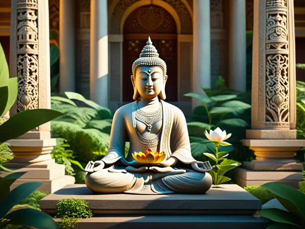 Escultura de piedra tallada rodeada de exuberante vegetación y ofrendas florales, frente a un majestuoso templo antiguo con detalles arquitectónicos, mientras la luz del sol filtra a través de los patrones, creando sombras etéreas en los terrenos sagrados: Raí