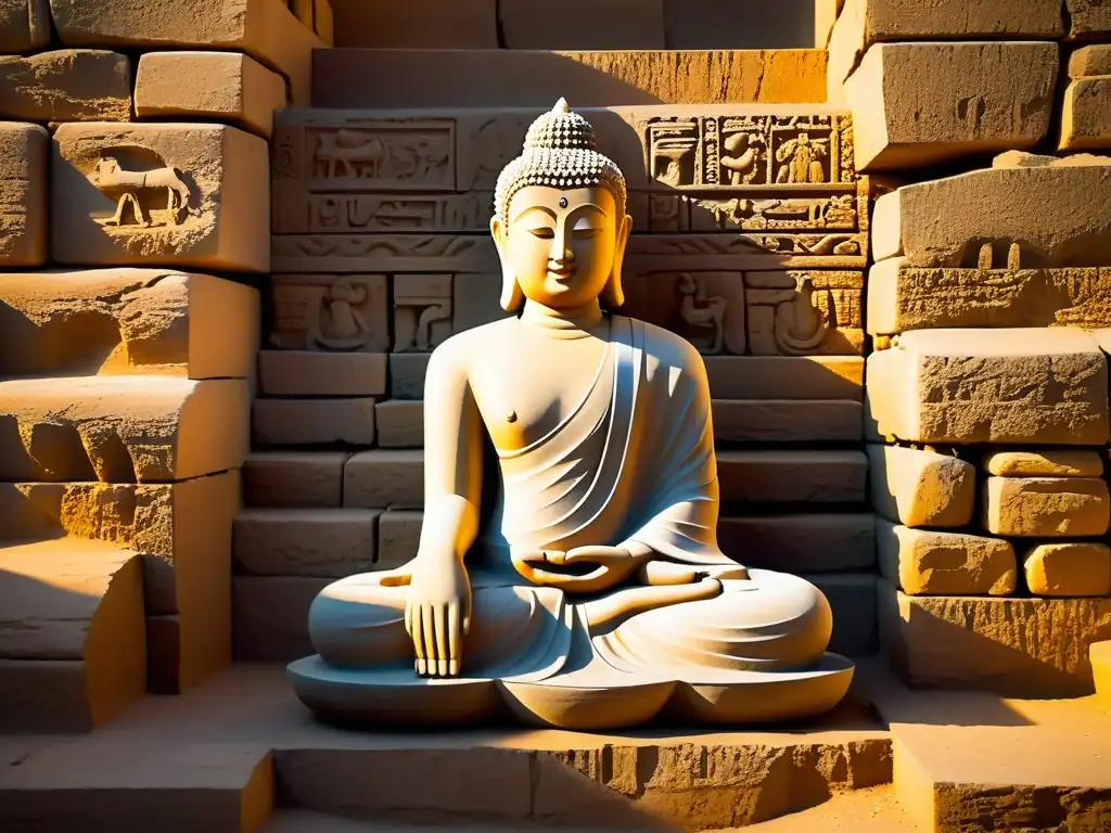 Escultura serena de Buda y Mahavira entre ruinas antiguas de Mohenjodaro, reflejando la influencia del Valle del Indo en la filosofía oriental