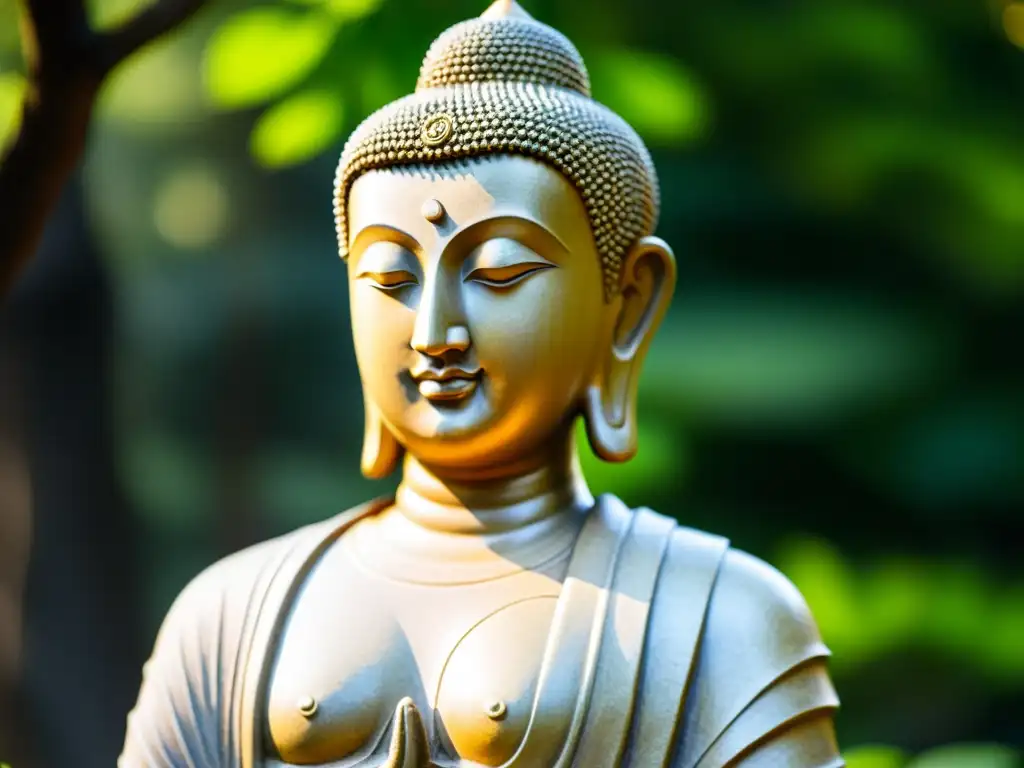 Escultura de Siddhartha Gautama en piedra antigua, bañada en luz dorada, rodeada de naturaleza