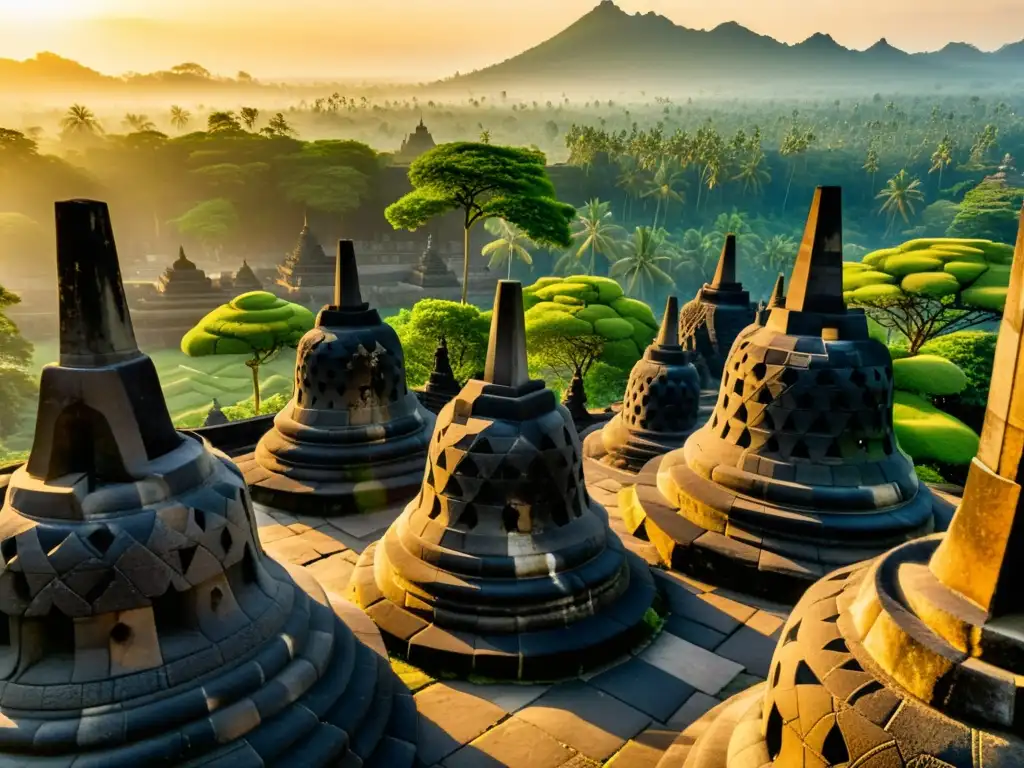 Escultural detalle del templo Borobudur, santuario sagrado Asia, iluminado por el suave sol matutino, rodeado de verdor y montañas brumosas