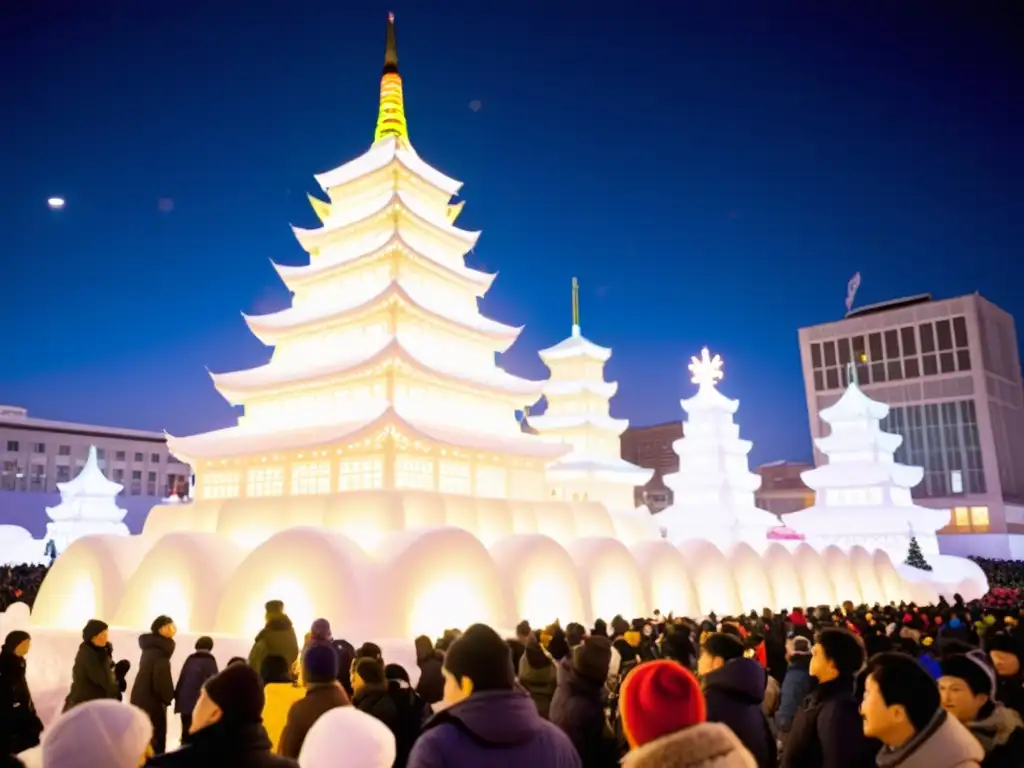 Esculturas de nieve iluminadas en el Festival de la Nieve Sapporo, con una atmósfera vibrante y llena de magia japonesa