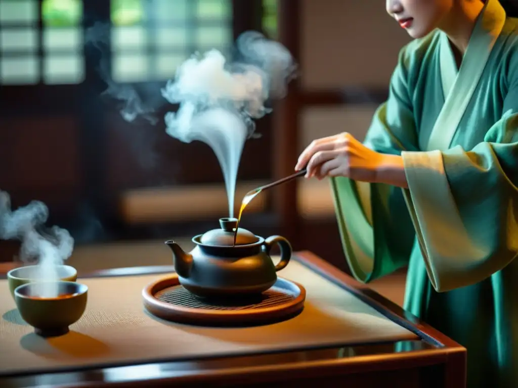 Captura la esencia de la ceremonia del té china, con movimientos delicados y vapor sereno