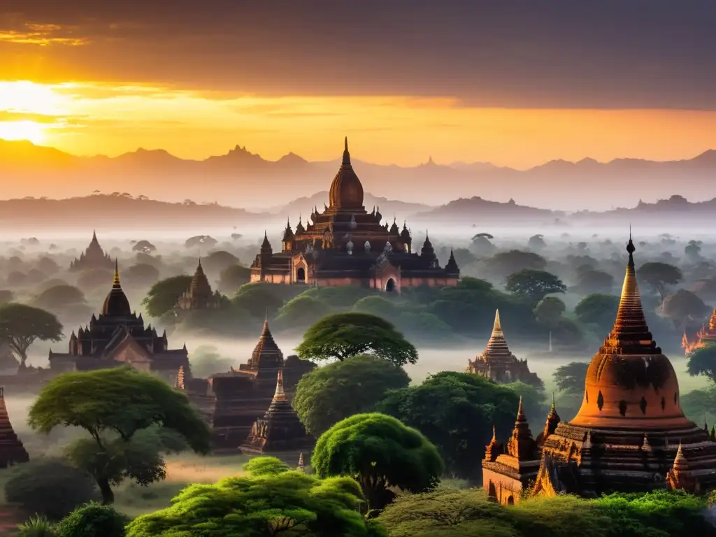 Esencia espiritual en el amanecer sobre las antiguas pagodas de Bagan, Birmania, con templos y estupas en silueta contra el cielo colorido