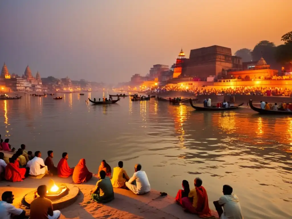 Esencia espiritual del Ganges en India: devotos realizando rituales matutinos en el río sagrado, con templos y ghats antiguos al fondo