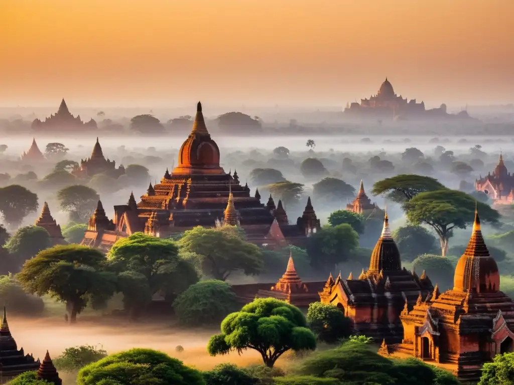 La esencia espiritual de las pagodas en Bagan, Birmania, se revela en el amanecer neblinoso mientras los monjes se mueven entre los templos