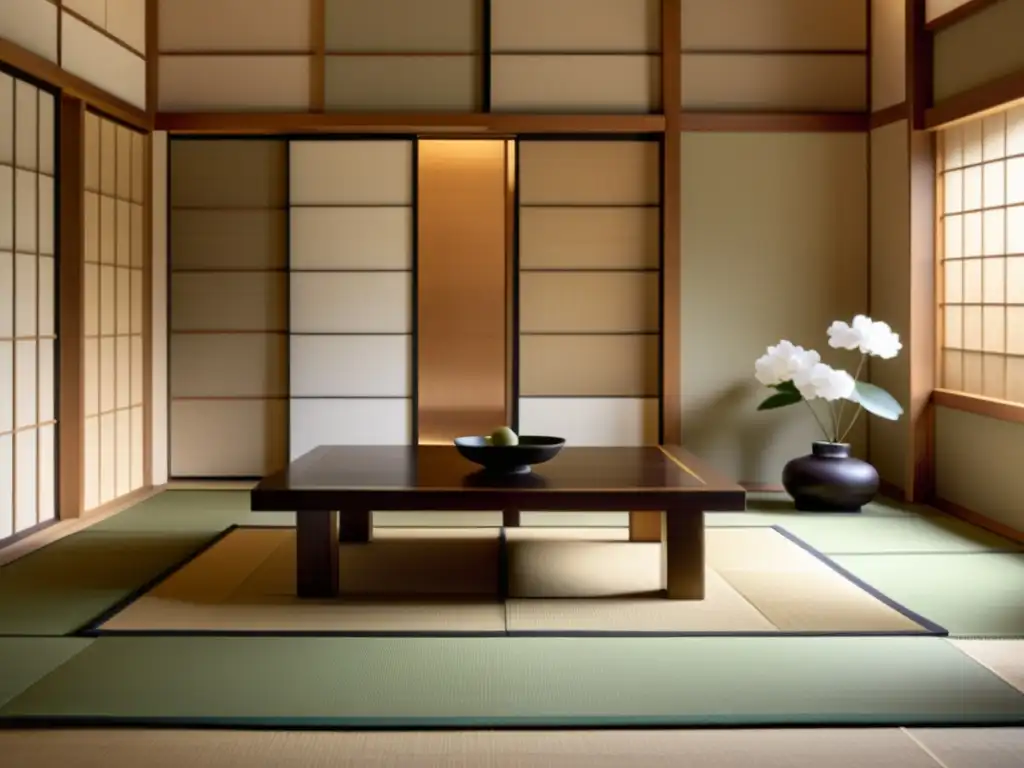 Espacio tatami japonés sereno con shoji, mesa baja de madera y arreglos florales minimalistas, irradiando principios Zen en arquitectura japonesa