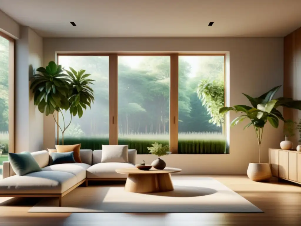 Espacio luminoso y sereno con diseño minimalista y elementos naturales, promoviendo el Feng Shui para la salud