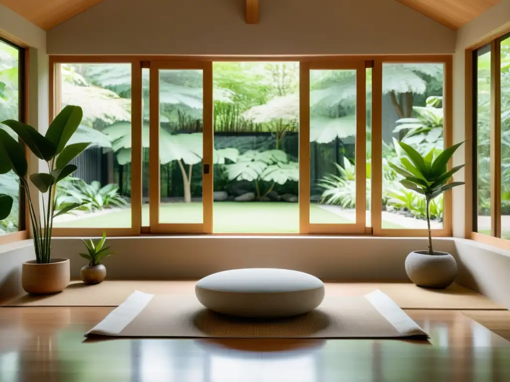 Espacio de meditación minimalista con filosofías asiáticas en diseño moderno