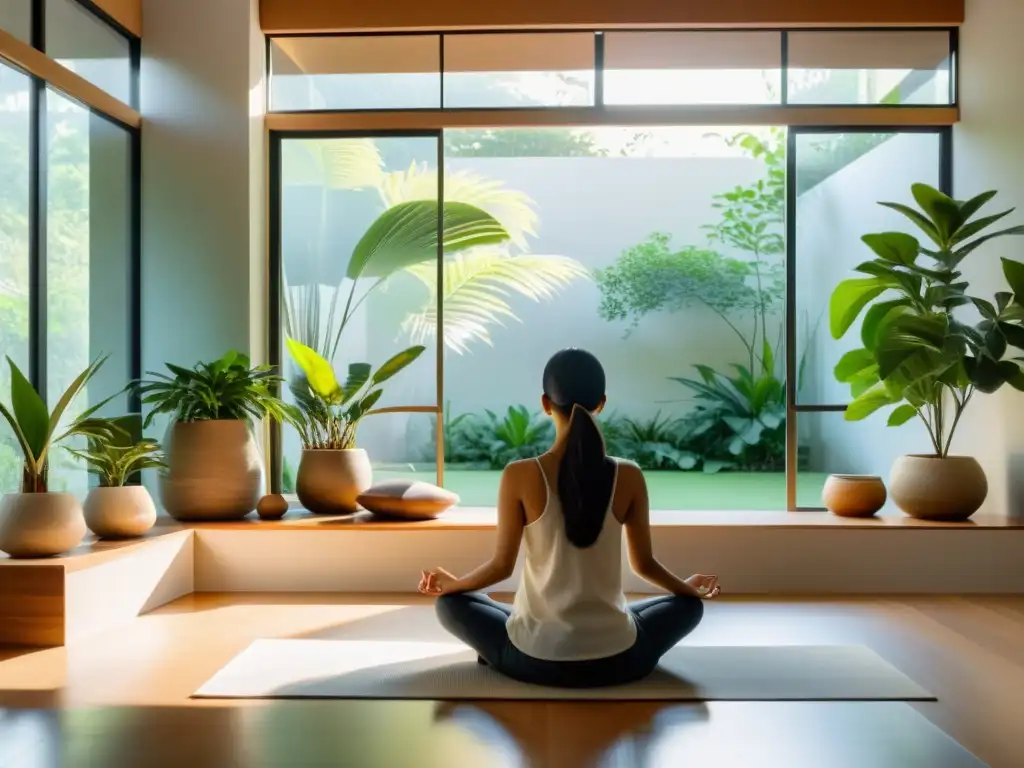 Espacio minimalista y sereno con luz natural para practicar técnicas de meditación zen moderna