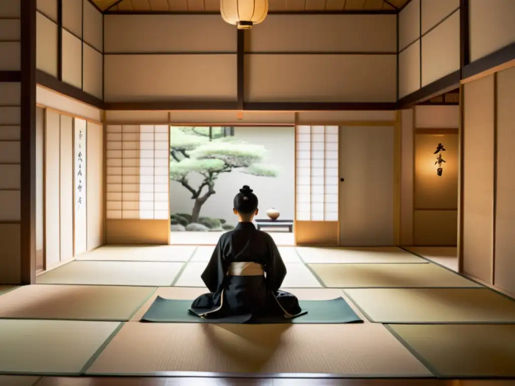 Espacio de meditación zen moderna con luz suave, tatamis y caligrafía japonesa