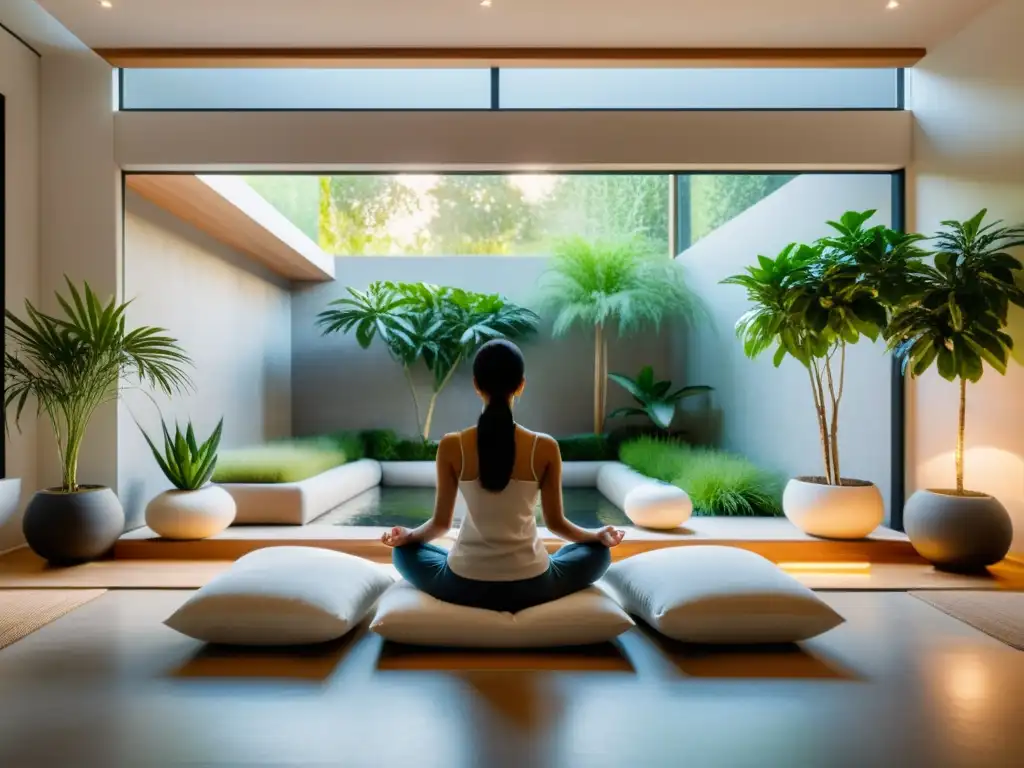 Un espacio de meditación zen moderna con decoración minimalista y luz natural