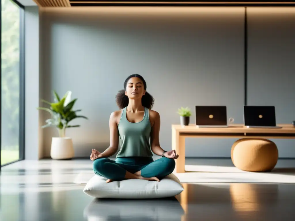 Espacio de oficina minimalista con meditación en la era digital