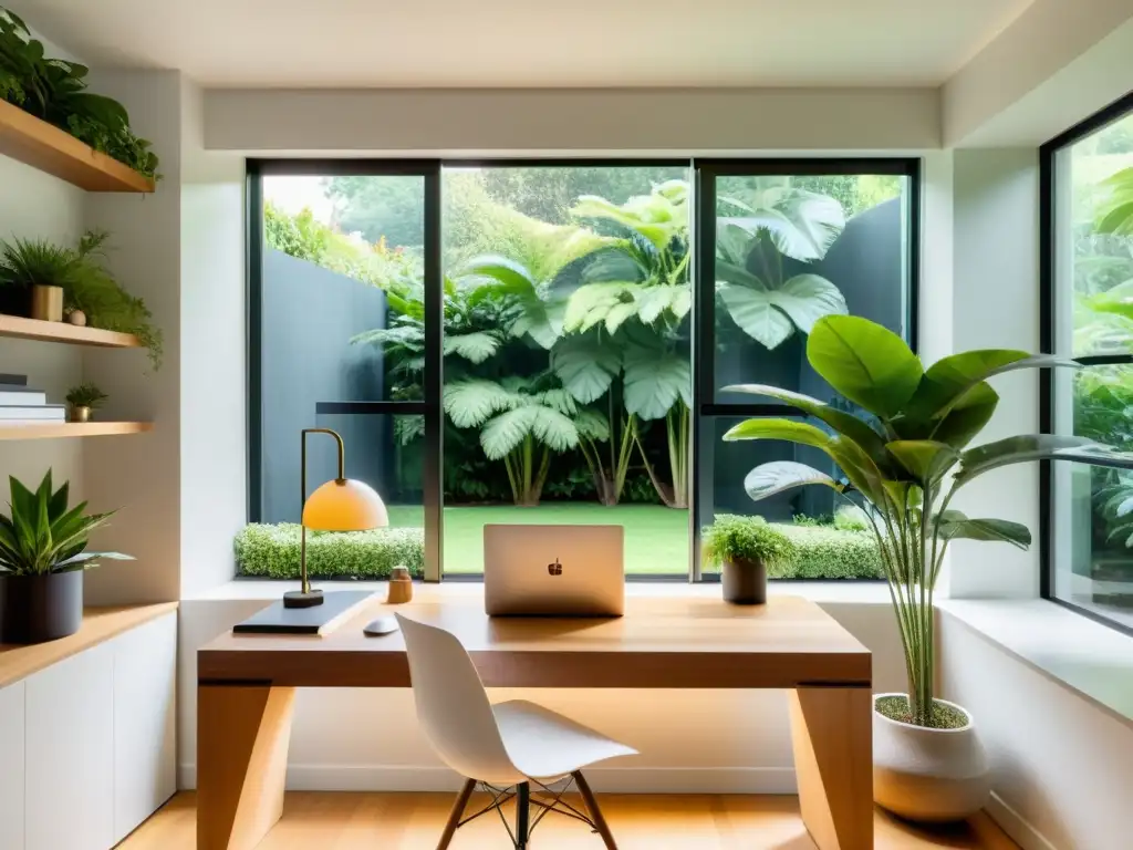 Espacio de oficina minimalista y sereno con vista a jardín