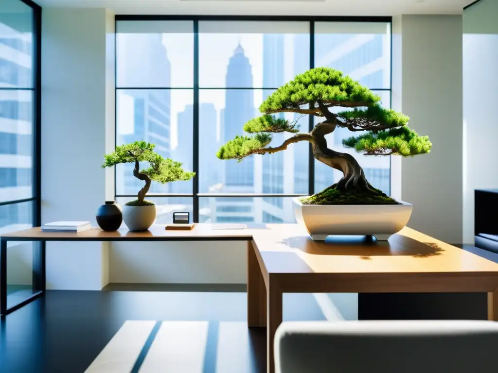 Un espacio de oficina moderno y elegante con influencia del Feng Shui: una mesa minimalista con un bonsái, una fuente de agua y luz natural